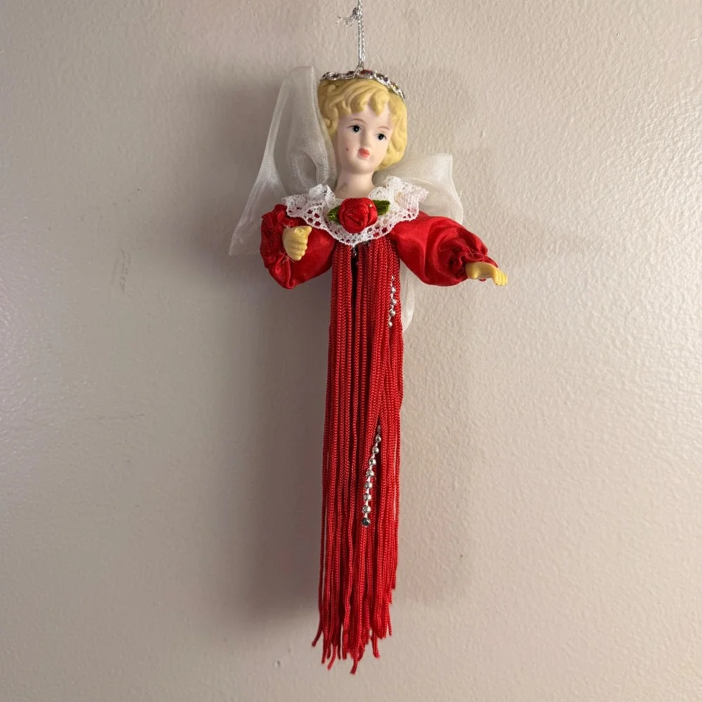 Vintage Set of 9 Porcelain Head Angel Tassel Christmas Ornaments Red Victorian